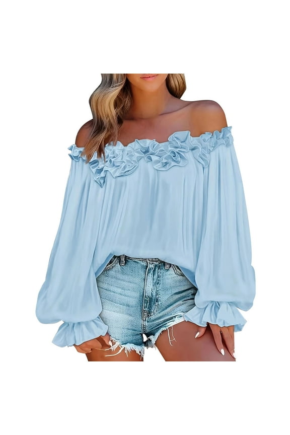 Womens Off The Shoulder Tops Puff Long Sleeve Tie Front Loose Fit Ruffle Shirts Blouses