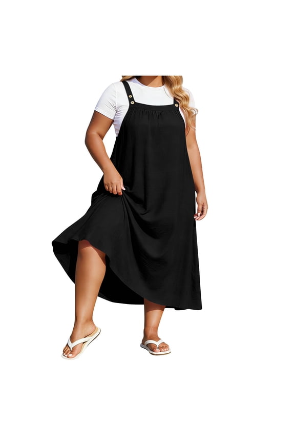 Plus Size Women Overall Dress Adjustable Straps Loose Sleeveless Maxi Dresses Summer Casual Beach Jumper Dress