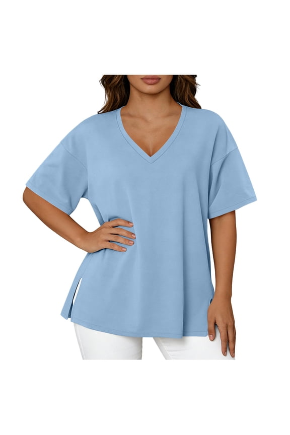 Plus Size Women Oversized Tshirts Short Sleeve V Neck Gym Shirts Casual Loose Fit Side Split Workout Basic Tees Tops