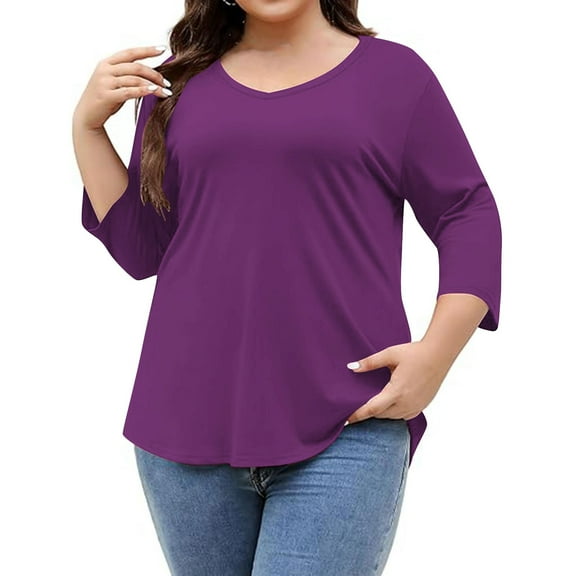 Plus Size Women Pure Color T-Shirt 3/4 Sleeve Shirts V Neck Pullover Blouse Lightweight Thin Tops Casual Basic Tshirts Simple Outfits Going Out Top Fashion Cozy T-Shirts