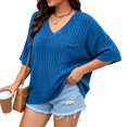 thumbnail image 1 of Plus Size Women Ribbed Knit T‑Shirt V‑Neck Half Sleeve Loose Casual Top, 1 of 6