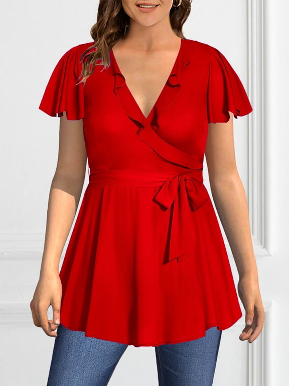 Plus Size Women Ruffle Surplice Wrap Blouse V Neck Flutter Short Sleeve Self Tie Waist Slimming Tunic Top