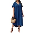 thumbnail image 1 of Plus Size Women'S Casual Summer Dress V Neck Solid Color Loose Fit Flowy Spring Maxi Tunic, 1 of 5