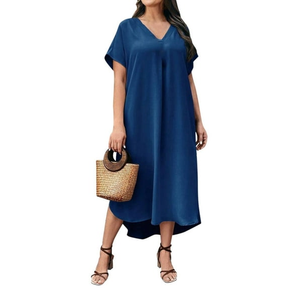 Plus Size Women'S Casual Summer Dress V Neck Solid Color Loose Fit Flowy Spring Maxi Tunic