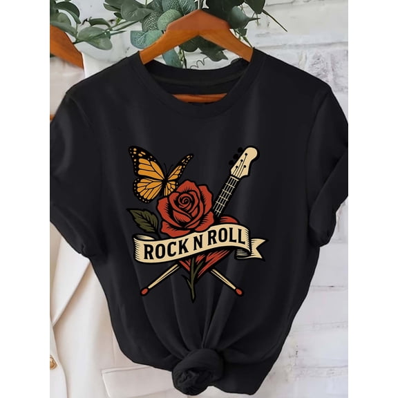 Plus Size - Women'S Plus Size "Rock N Roll" Graphic Tee - Vibrant  & Rose Design, Casual Crew Neck Short Sleeve T-Shirt, Soft Polyester Blend, Perfect for Spring & Summer, Ladies T Shirts