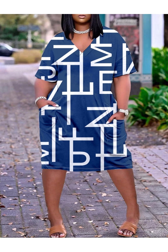 Plus Size Women'S Stylish Casual Dress With Bold Letter Print - Comfortable V-Neck, Short Sleeves And Convenient Pockets