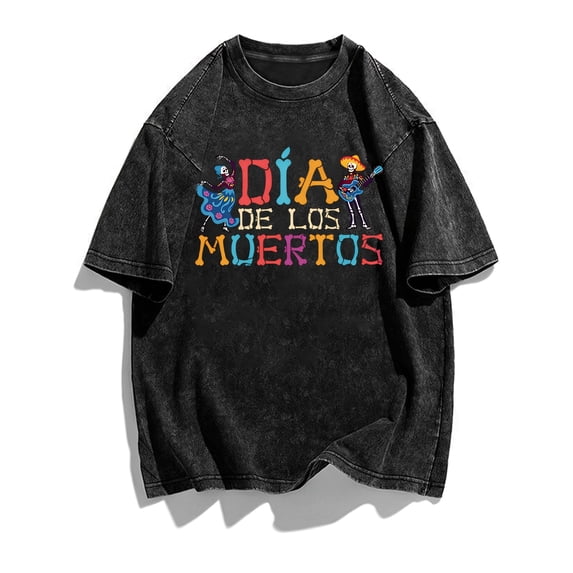 Plus Size - Women'S Washed Oversized T-Shirt, Day of The Dead Dancing Skeleton Guitar Sombrero Colorful Bone Letter Graphic Short Sleeve Tee, Casual Loose Daily Tops