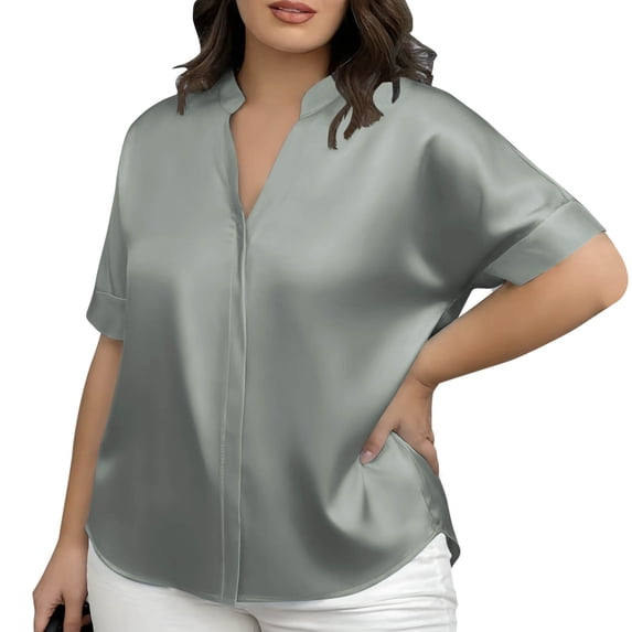 Plus Size Women Satin Silk Tshirts Summer Casual V Neck Short Sleeve Blouses Trendy Vacation Loose Comfy Solid Color Tops