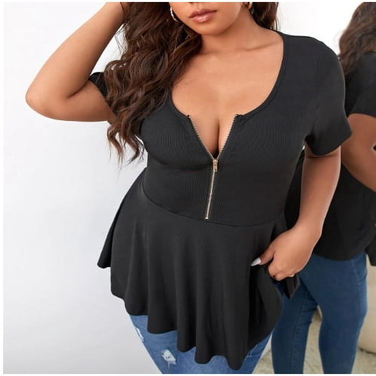 Plus Size Women Sexy Half Zip Up Low Cut Short Sleeve Ruffle Babydoll  Peplum Tops - Walmart.com