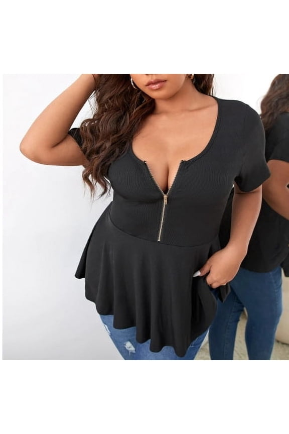 Plus Size Women Sexy Half Zip Up Low Cut Short Sleeve Ruffle Babydoll Peplum Tops