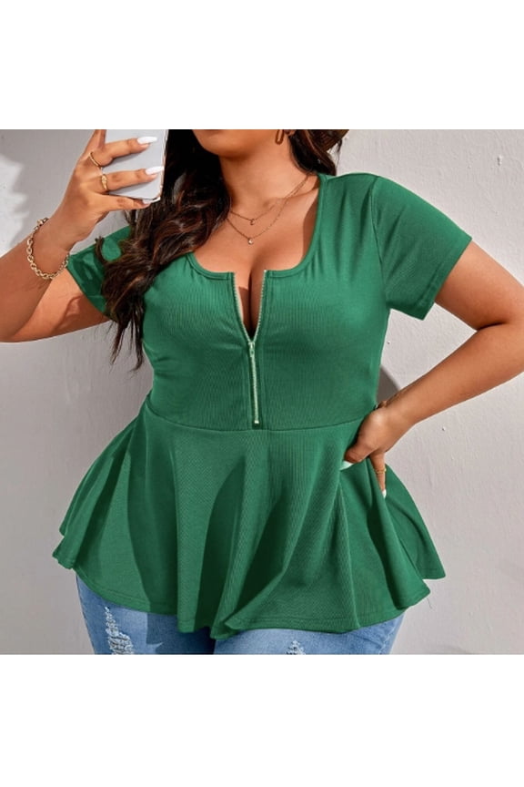 Plus Size Women Sexy Half Zip Up Low Cut Short Sleeve Ruffle Babydoll Peplum Tops