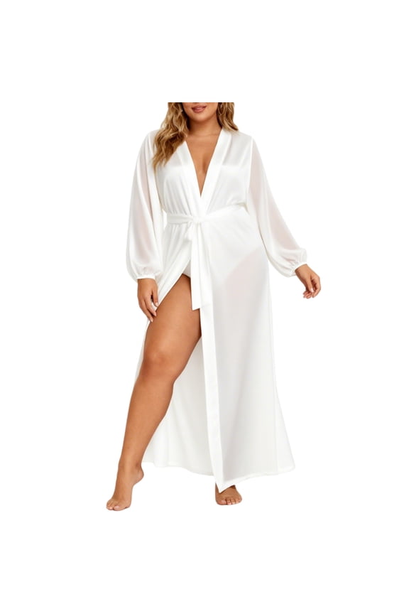 Plus Size Women Sheer Maxi Robe, Long Puff Sleeve Belted Cover up Bathrobes Casual Beach Spa Home Loungewear White S