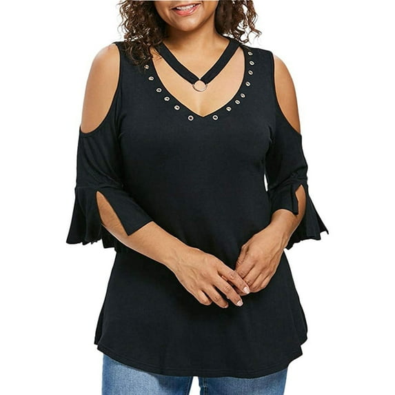 Plus Size Women Shirts Unique Bandage Cutout V Neck Solid Gothic Clothes Short Sleeve Cold Shoulder Dressy Tops