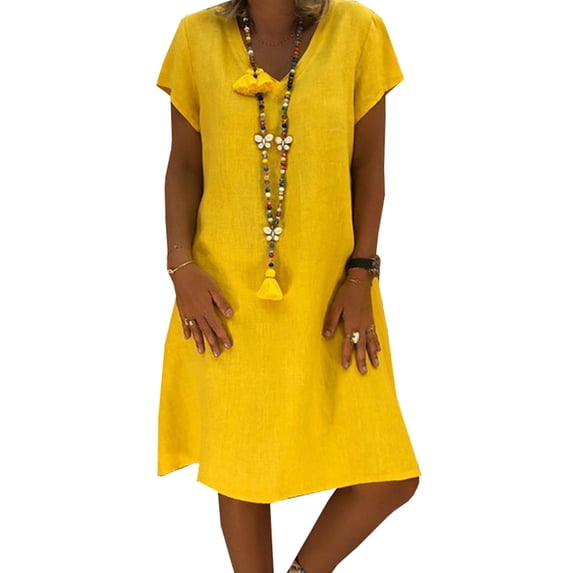 Plus Size Women Short Sleeve Loose Summer V Neck Midi Dress