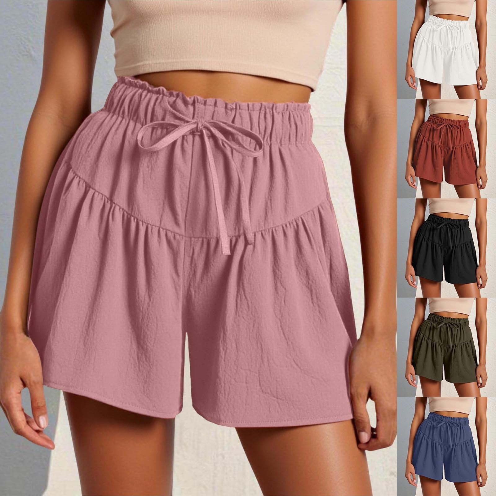 Plus Size Women Shorts Drawstring Ruffle Elastic High Waist Solid Color ...