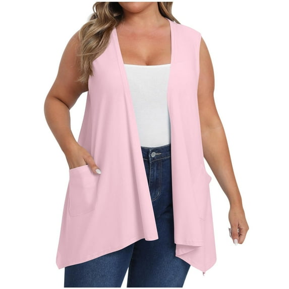 Plus Size Women Sleeveless Cardigan Open Front Lightweight Coat Draped Solid Color Long Vests with Pockets Oversized Blazers for Lady L