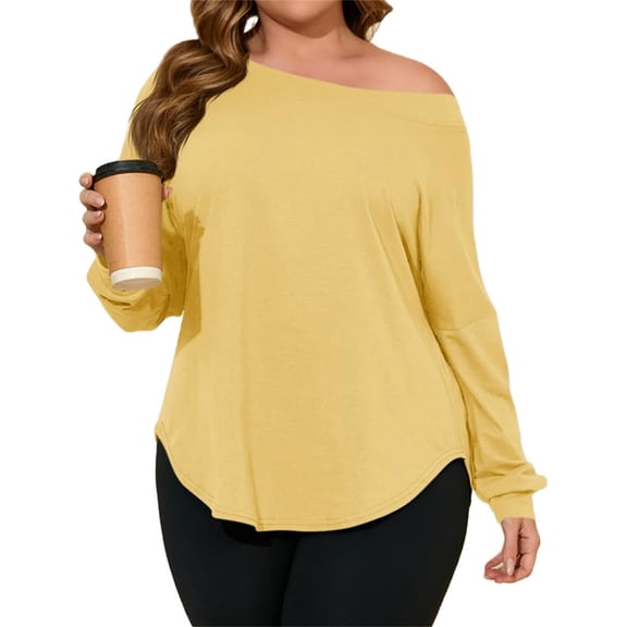 Plus Size Women Solid Color Long Sleeved Off Shoulder Casual Irregular Hem Shirt Tops