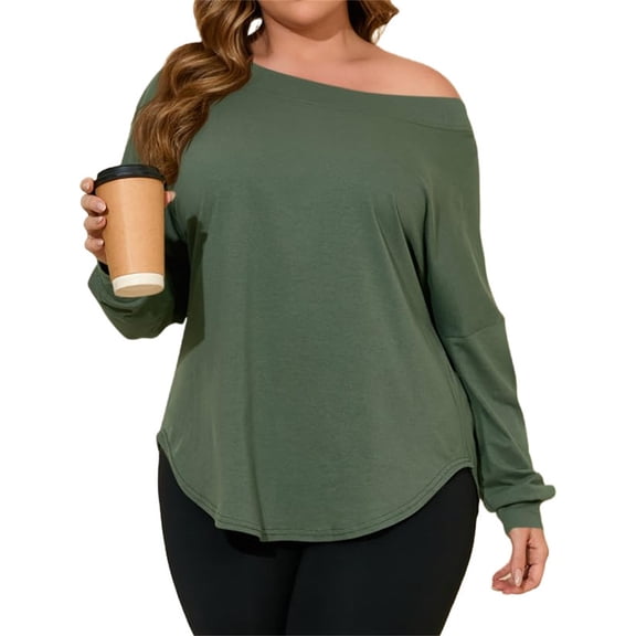 Plus Size Women Solid Color Long Sleeved Off Shoulder Casual Irregular Hem Shirt Tops