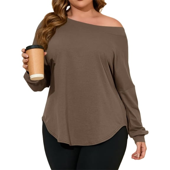 Plus Size Women Solid Color Long Sleeved Off Shoulder Casual Irregular Hem Shirt Tops