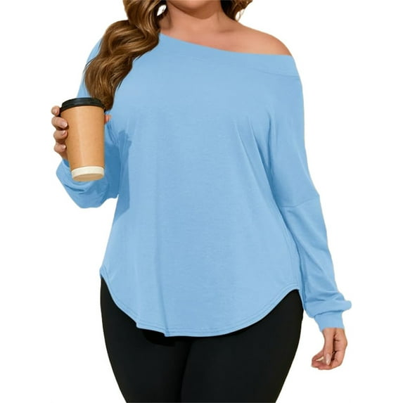 Plus Size Women Solid Color Long Sleeved Off Shoulder Casual Irregular Hem Shirt Tops