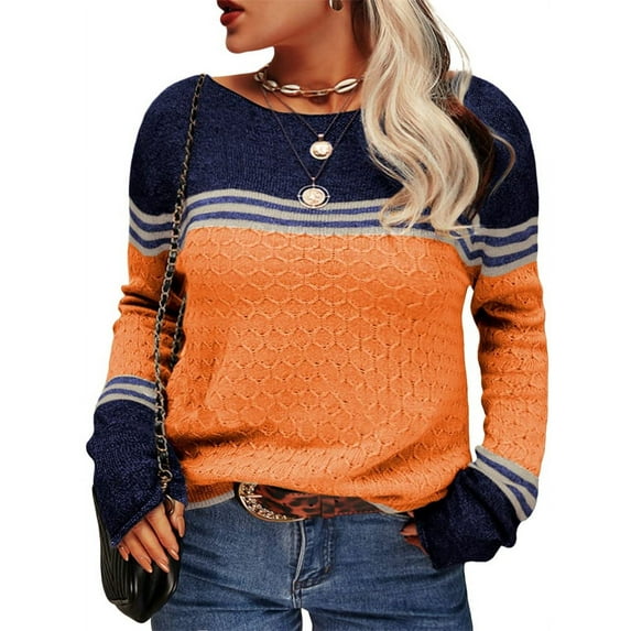 Plus Size Women Striped Print Long Sleeved Casual Knit Pullover Sweater