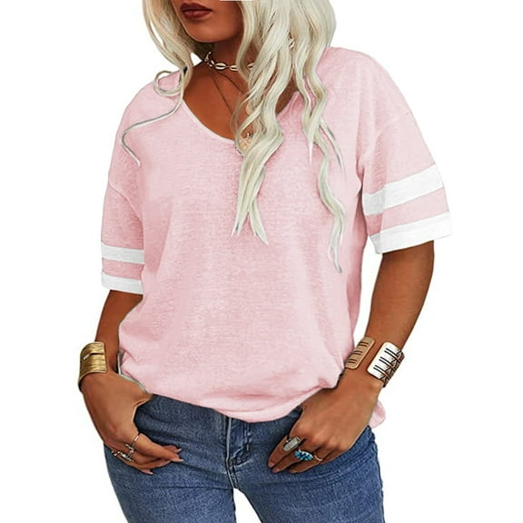 Plus Size Women Striped Short Sleeved V-neck Casual Simple T-shirt Tops
