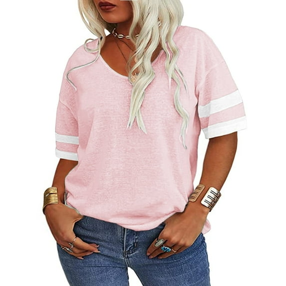 Plus Size Women Striped Short Sleeved V-neck Casual Simple T-shirt Tops