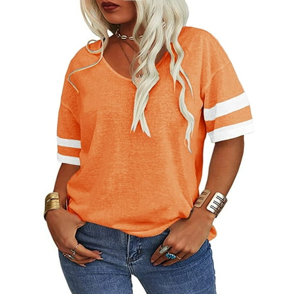 Plus Size Women Striped Short Sleeved V-neck Casual Simple T-shirt Tops