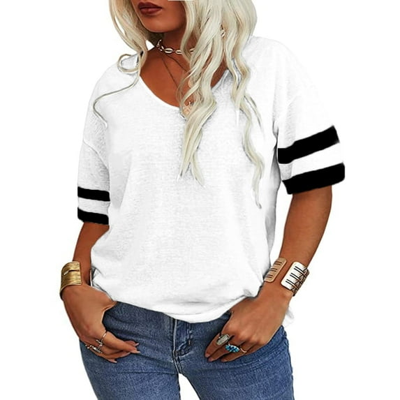 Plus Size Women Striped Short Sleeved V-neck Casual Simple T-shirt Tops