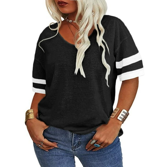 Plus Size Women Striped Short Sleeved V-neck Casual Simple T-shirt Tops