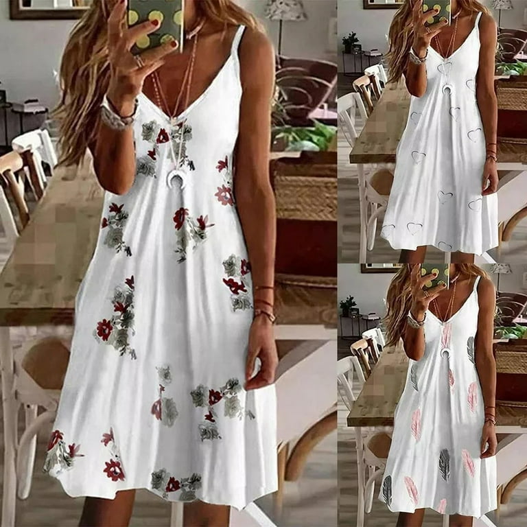Plus Size Women Summer Beach Boho Sundress Ladies Strappy V Neck Vest Cami Dress