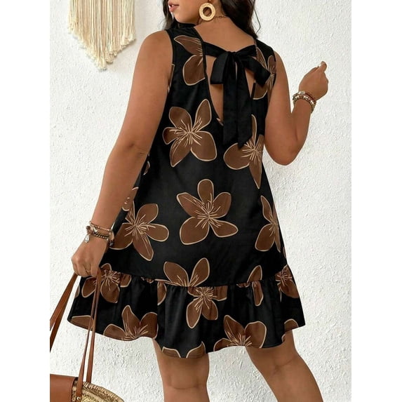 Plus Size Women Summer Casual Printed Short Camisole Dress Vacation Brown Sundress Floral Mini Dress