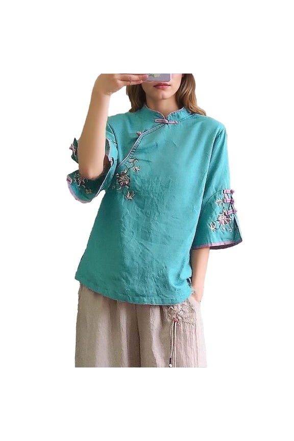 Plus Size Women Summer Linen Tops Casual 3/4 Sleeve V Neck Loose T-shirts Vintage Chinese Frog Button Blouse 2026