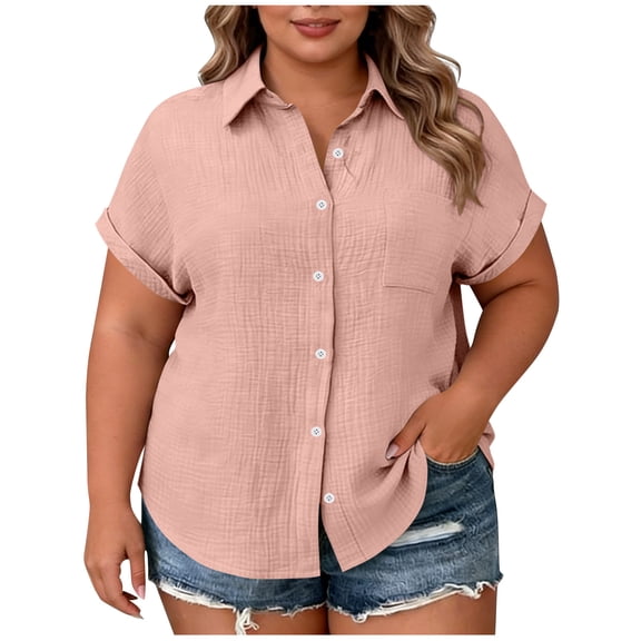 Plus Size Women Summer Shirts Casual Roll Up Short Sleeve Blouses Loose Lapel Button Tshirts Comfy Soft Solid Color Tops
