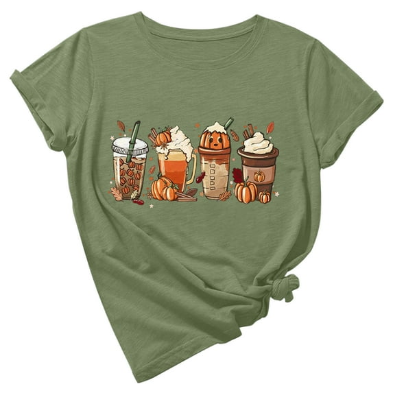 Plus Size Women T Shirts Thanksgiving Print T-shirt Top Round Neck Short Sleeve T-shirt Top Coffee Print Tops winter