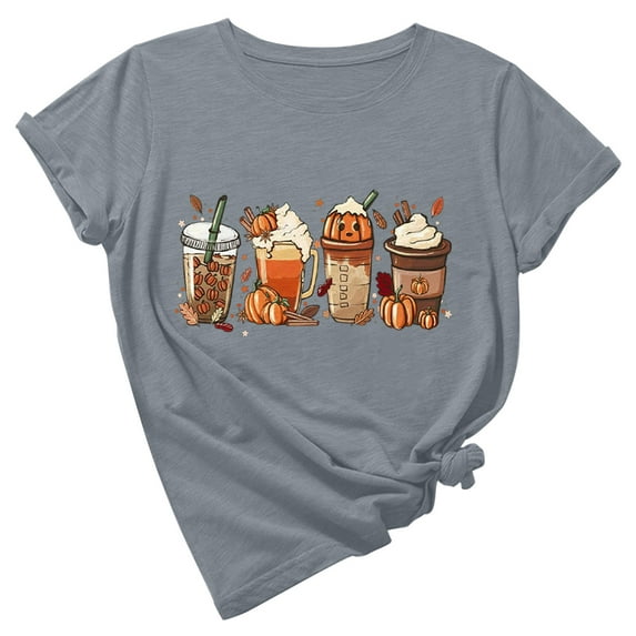 Plus Size Women T Shirts Thanksgiving Print T-shirt Top Round Neck Short Sleeve T-shirt Top Coffee Print Tops winter