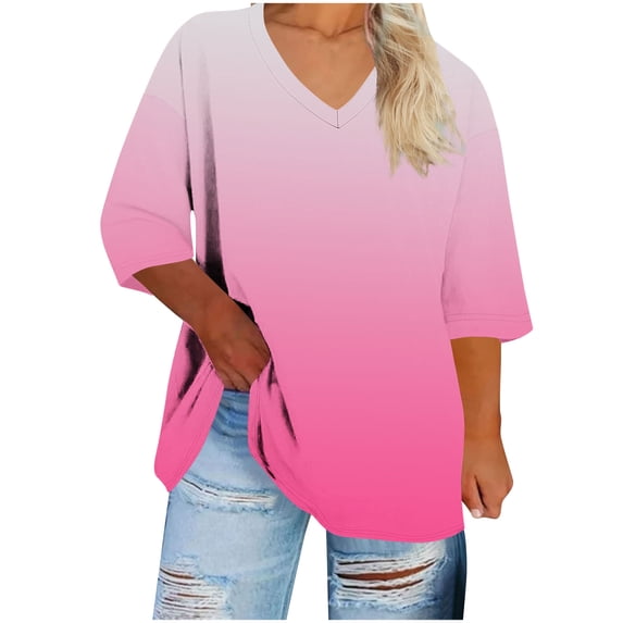 Plus Size Women Tie Dye Shirts 3/4 Sleeve Casual Oversized Shirt V Neck Lightweight Loose Blouse Summer Trendy Comfy Top