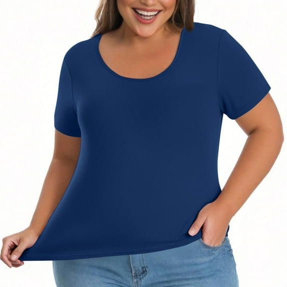 Plus Size Women Top with Built-in Bra Crew Neck Short Sleeve T-shirt Casual Loose Tunic Blouses Cotton Shirts