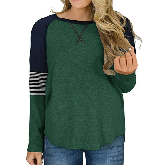 Plus Size Women Tops Fashion Stripe Printed Loose Casual Round Neck T Shirts Long Sleeve Base Ball Tee Blouse for Lady