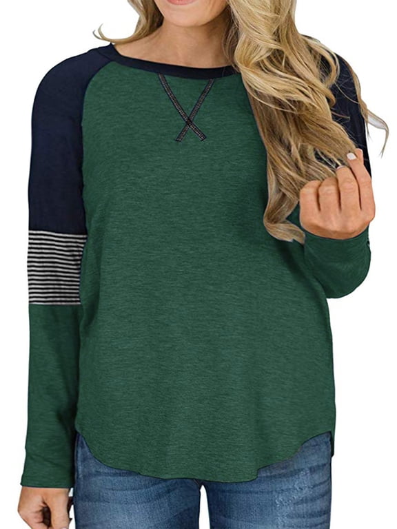 Plus Size Women Tops Fashion Stripe Printed Loose Casual Round Neck T Shirts Long Sleeve Base Ball Tee Blouse for Lady