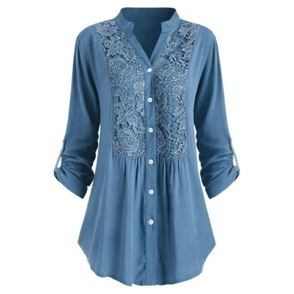 Plus Size Women Tops Loose Tunic Button Down Blouse Lace V Neck Roll Up Long Sleeve Blouses Tops