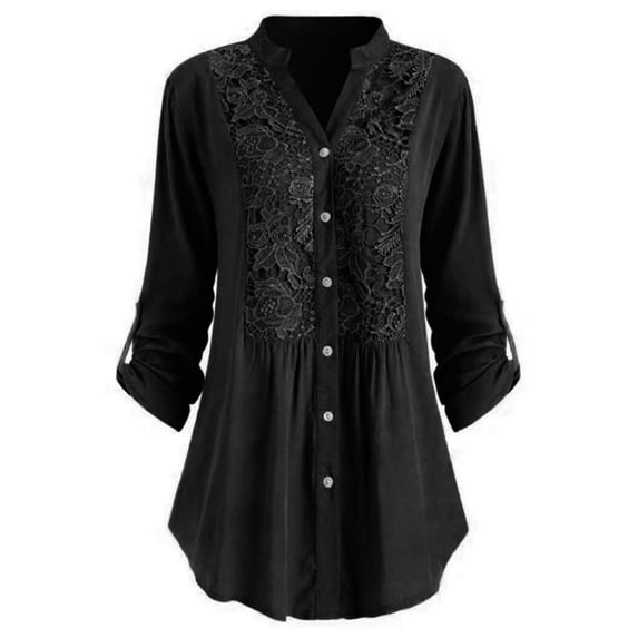 Plus Size Women Tops Loose Tunic Button Down Blouse Lace V Neck Roll Up Long Sleeve Blouses Tops