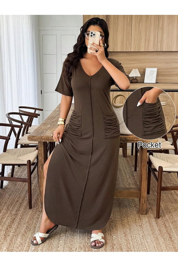 Plus Size Women V-Neck Dual Pocket Ruched Slit Hem Casual Knit Maxi Dress Spring Summer