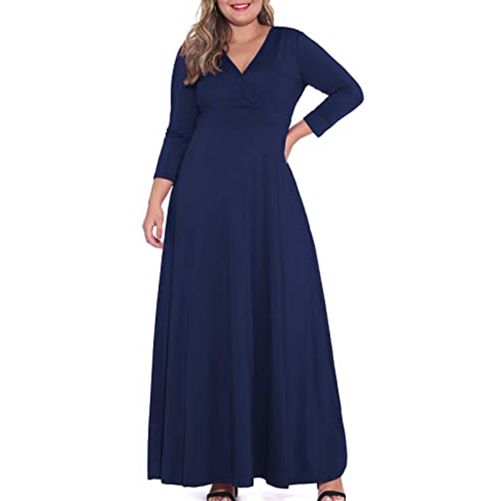 Plus Size Women V Neck Solid Gradient Long Sleeve Pullover Dress Party Dress Fall Ladies Dresses Tops Navy L Walmart