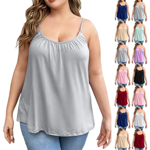 Plus Size Women V Neck Spaghetti Strap Tops Trendy Ruched Casual Tops Comfortable Soft Loose Fit Summer Tees with Built-in Bra Gray XXL