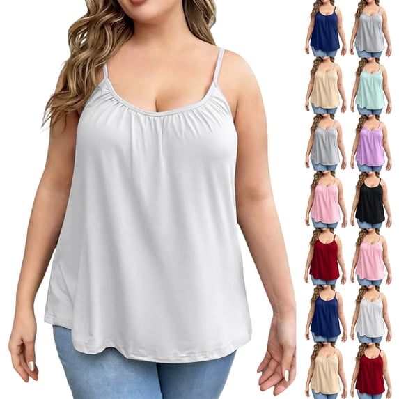 Plus Size Women V Neck Spaghetti Strap Tops Trendy Ruched Casual Tops Comfortable Soft Loose Fit Summer Tees with Built-in Bra White 5XL