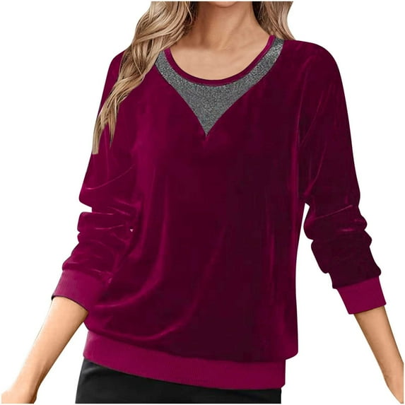 Plus Size Women Velvet Dressy Tops Long Sleeve Round Neck Tunic Shirts Lace Patchwork Trendy Casual Pullover Elegant Blouses Hot Pink,XXXL
