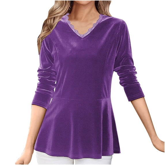 Plus Size Women Velvet Dressy Tops Long Sleeve Round Neck Tunic Shirts Lace Patchwork Trendy Casual Pullover Elegant Blouses Purple,XXXL