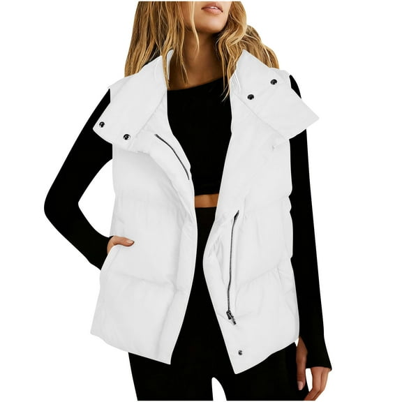 Plus Size Women Vests Fashion Casual New Women Puffer Vests Sleeveless Zip up Stand Collar Quilted Lightweight Jacket Winter Warm Padded down Outerwear White XXL