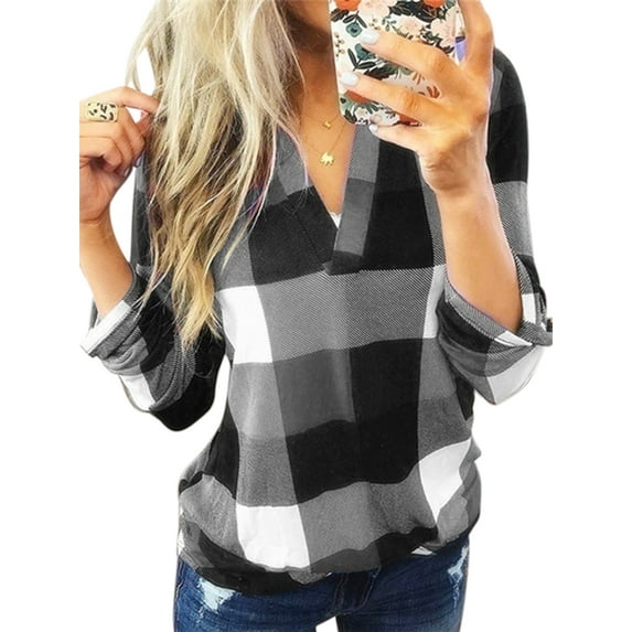 Plus Size Women Vintage Fashion Plaid Pullover Long Sleeve Top Shirt Ladies Popover V Neck Casual Loose Color Block Shirt Blouse Autumn Checked Baggy T Shirt Tops Blouse Size S-5XL